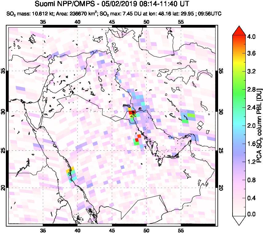 A sulfur dioxide image over Middle East on May 02, 2019.