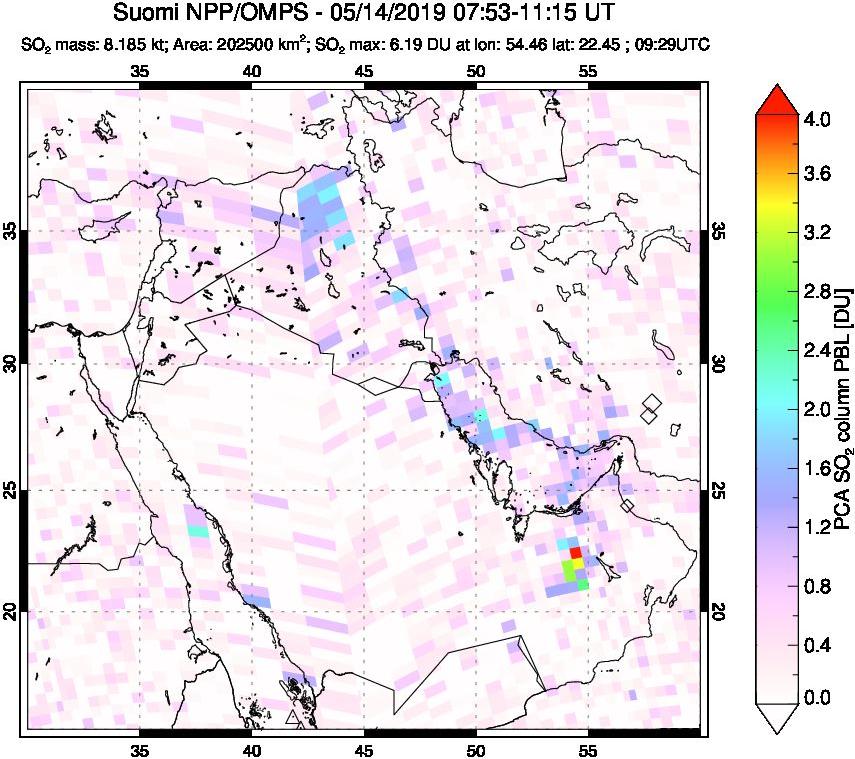 A sulfur dioxide image over Middle East on May 14, 2019.