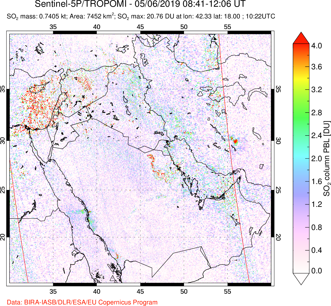 A sulfur dioxide image over Middle East on May 06, 2019.
