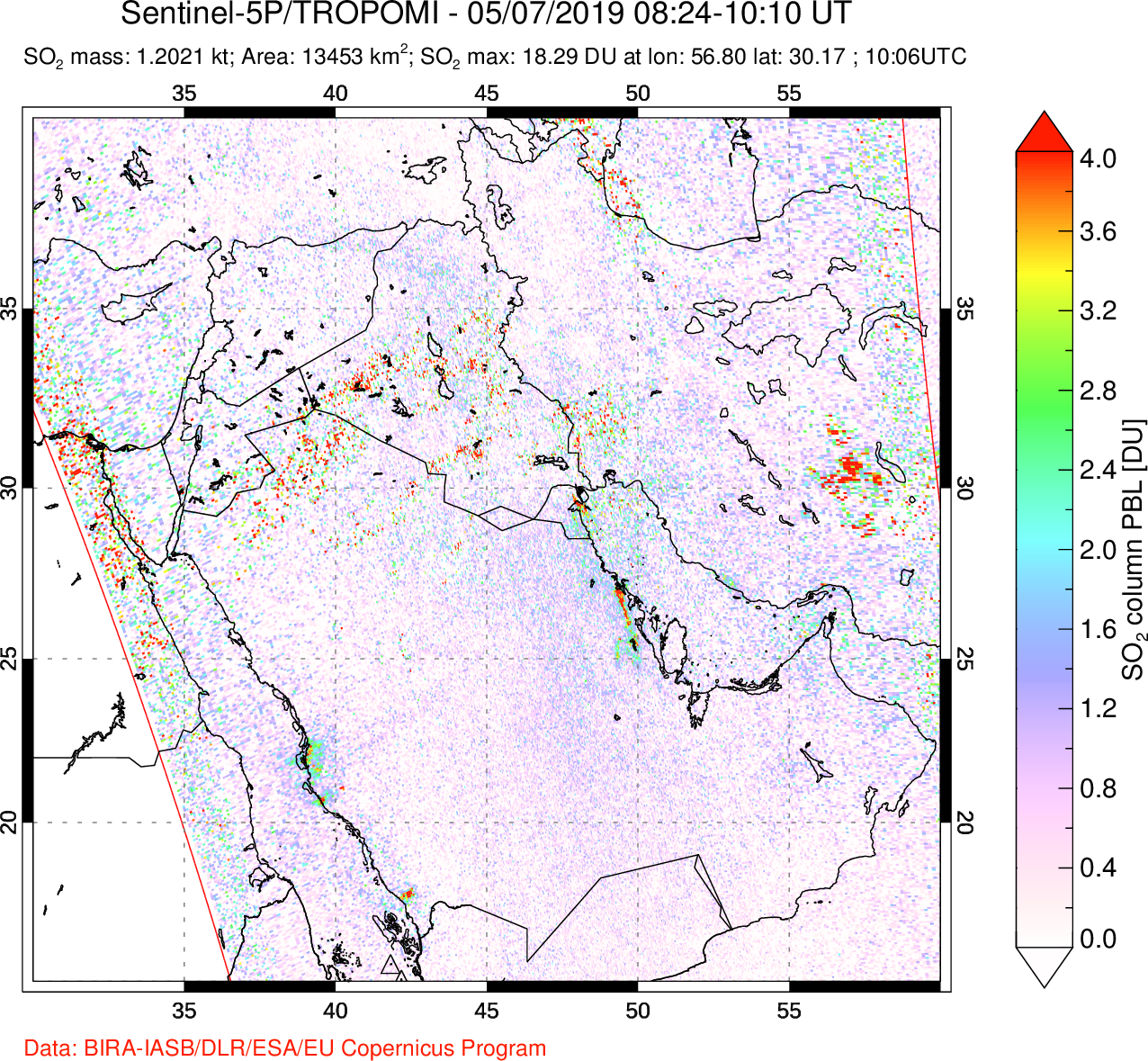 A sulfur dioxide image over Middle East on May 07, 2019.