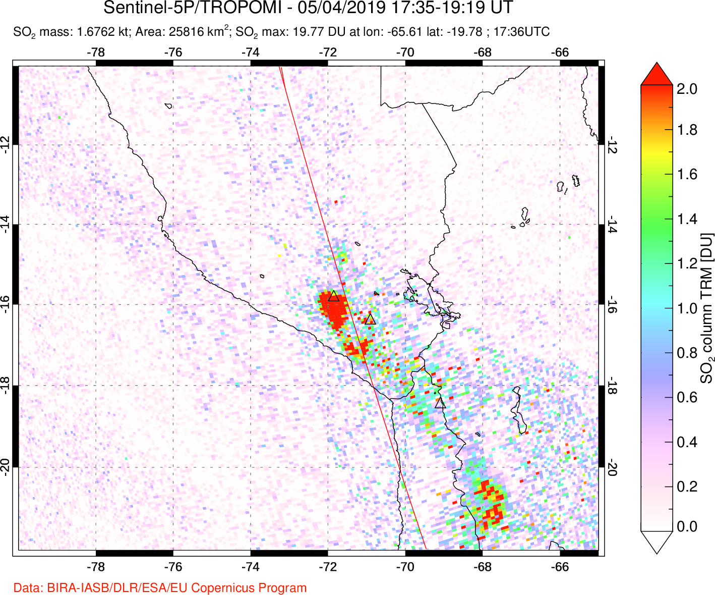 A sulfur dioxide image over Peru on May 04, 2019.