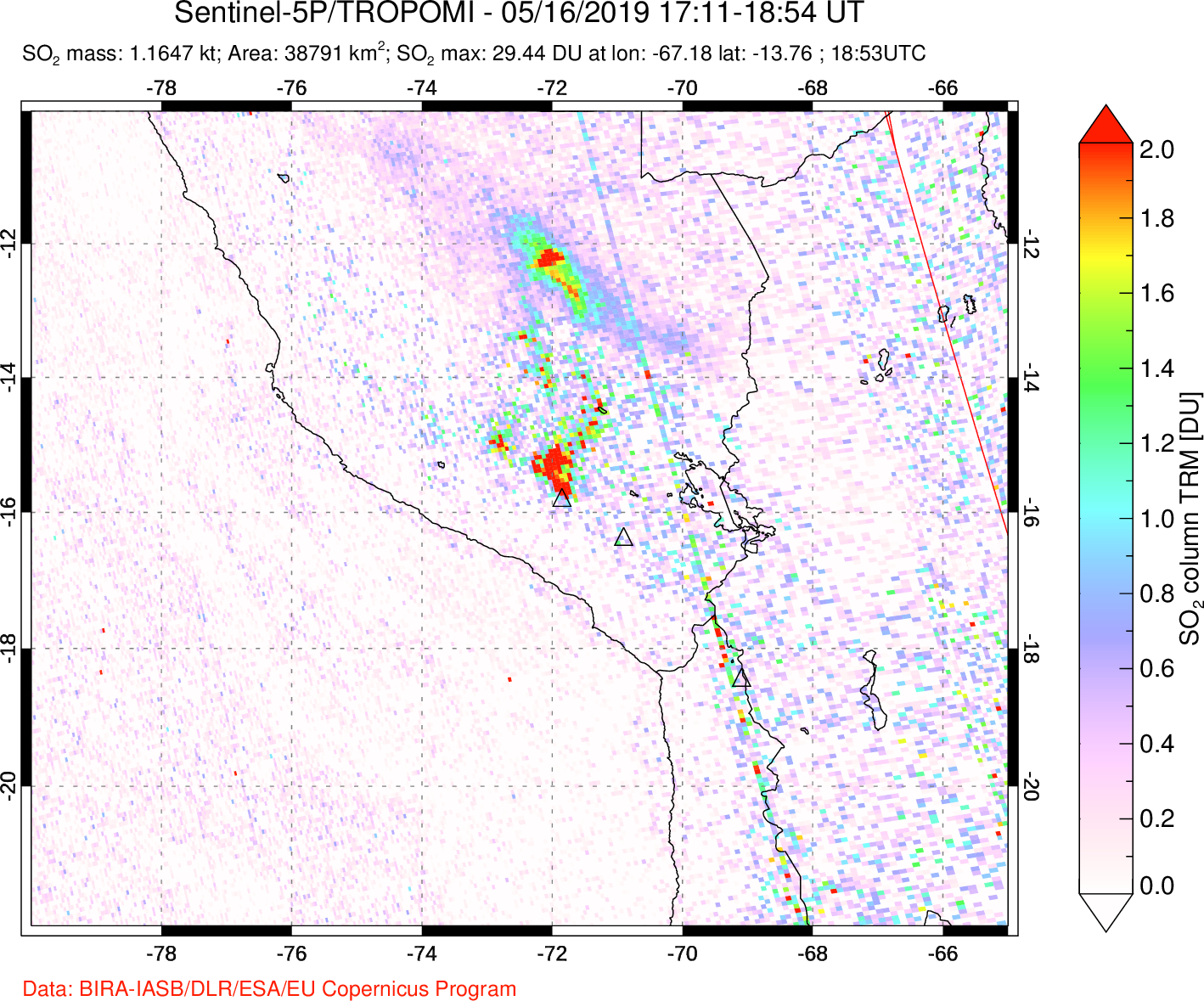 A sulfur dioxide image over Peru on May 16, 2019.
