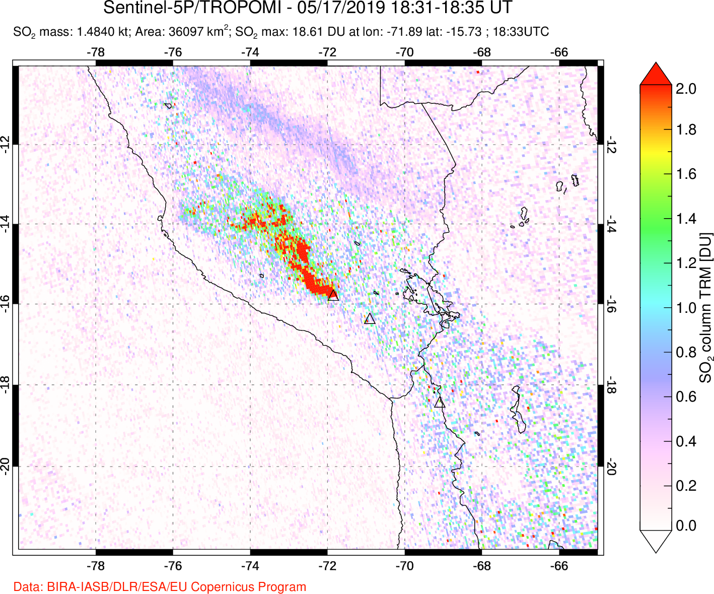 A sulfur dioxide image over Peru on May 17, 2019.