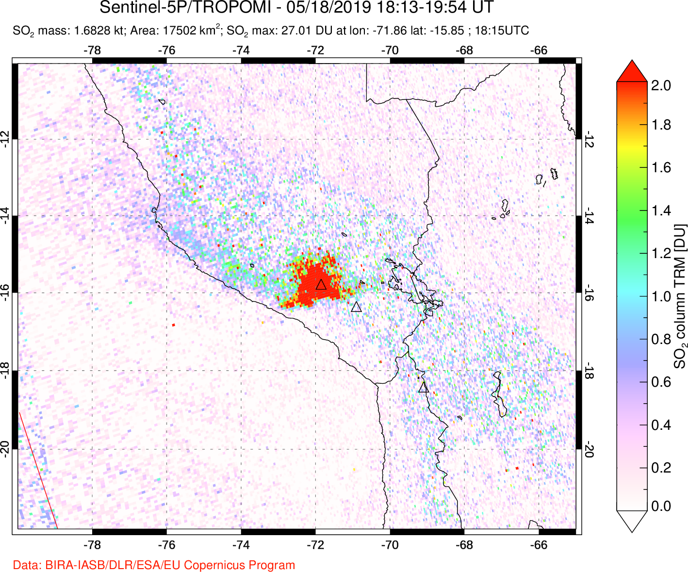 A sulfur dioxide image over Peru on May 18, 2019.