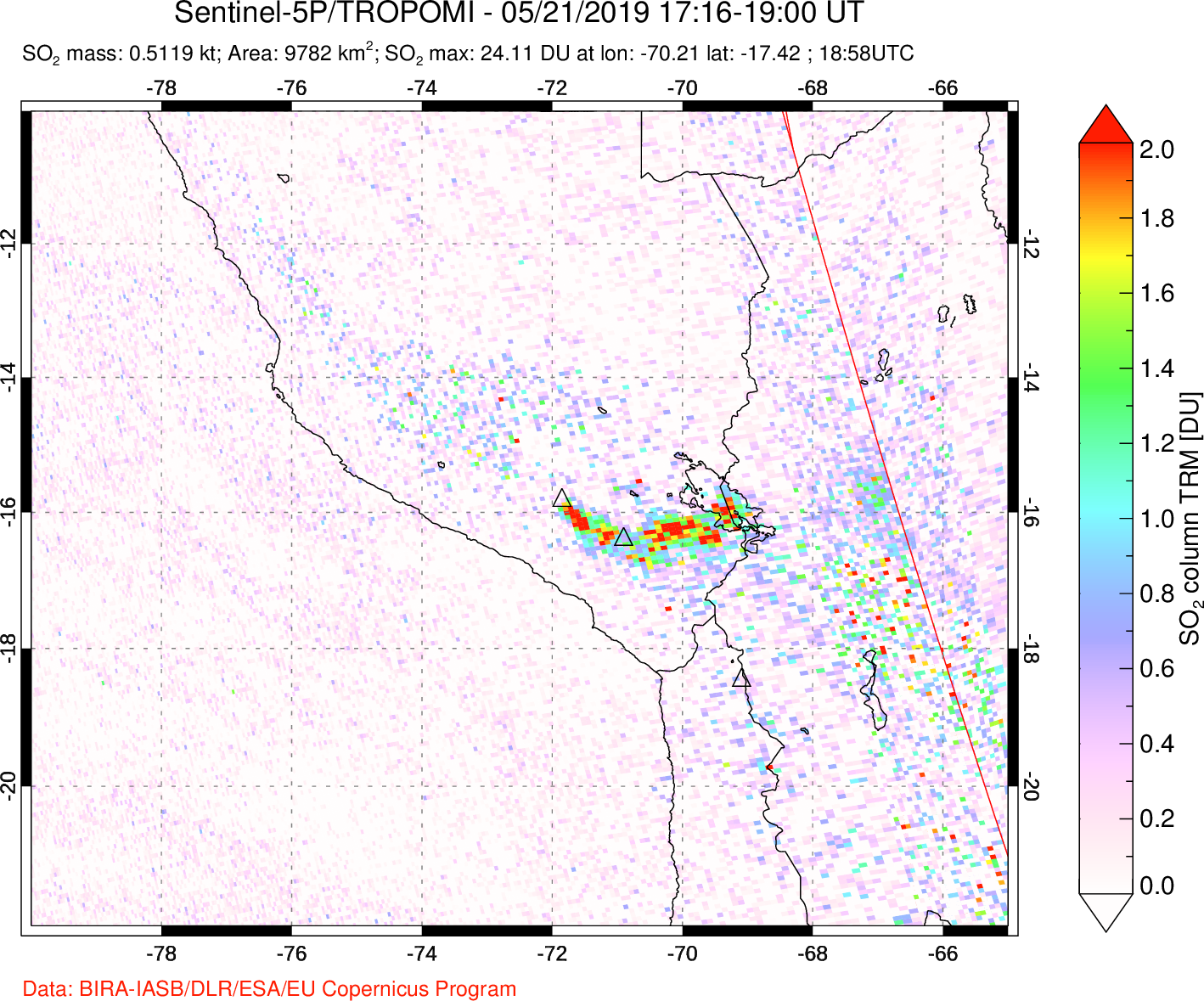 A sulfur dioxide image over Peru on May 21, 2019.