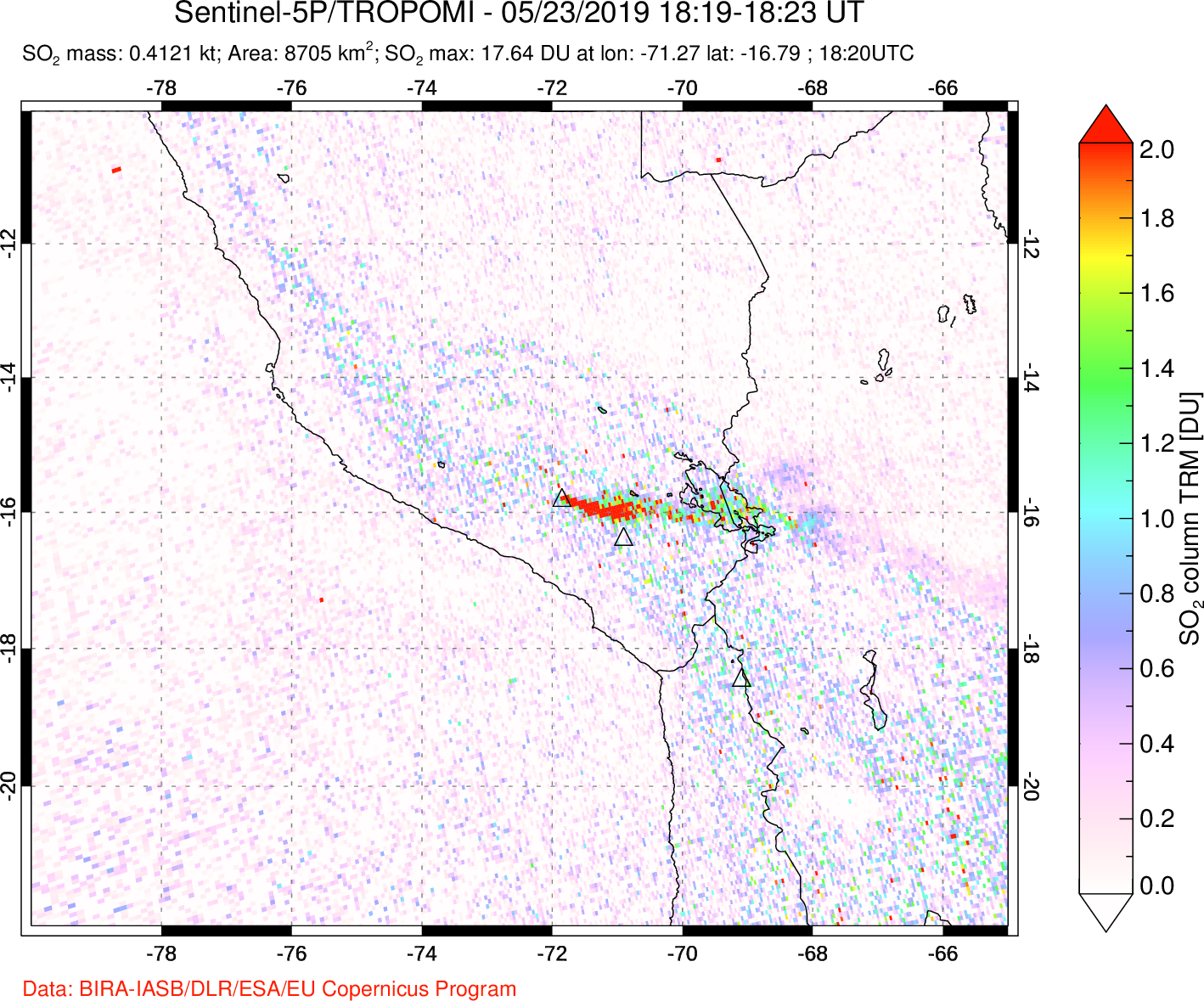 A sulfur dioxide image over Peru on May 23, 2019.
