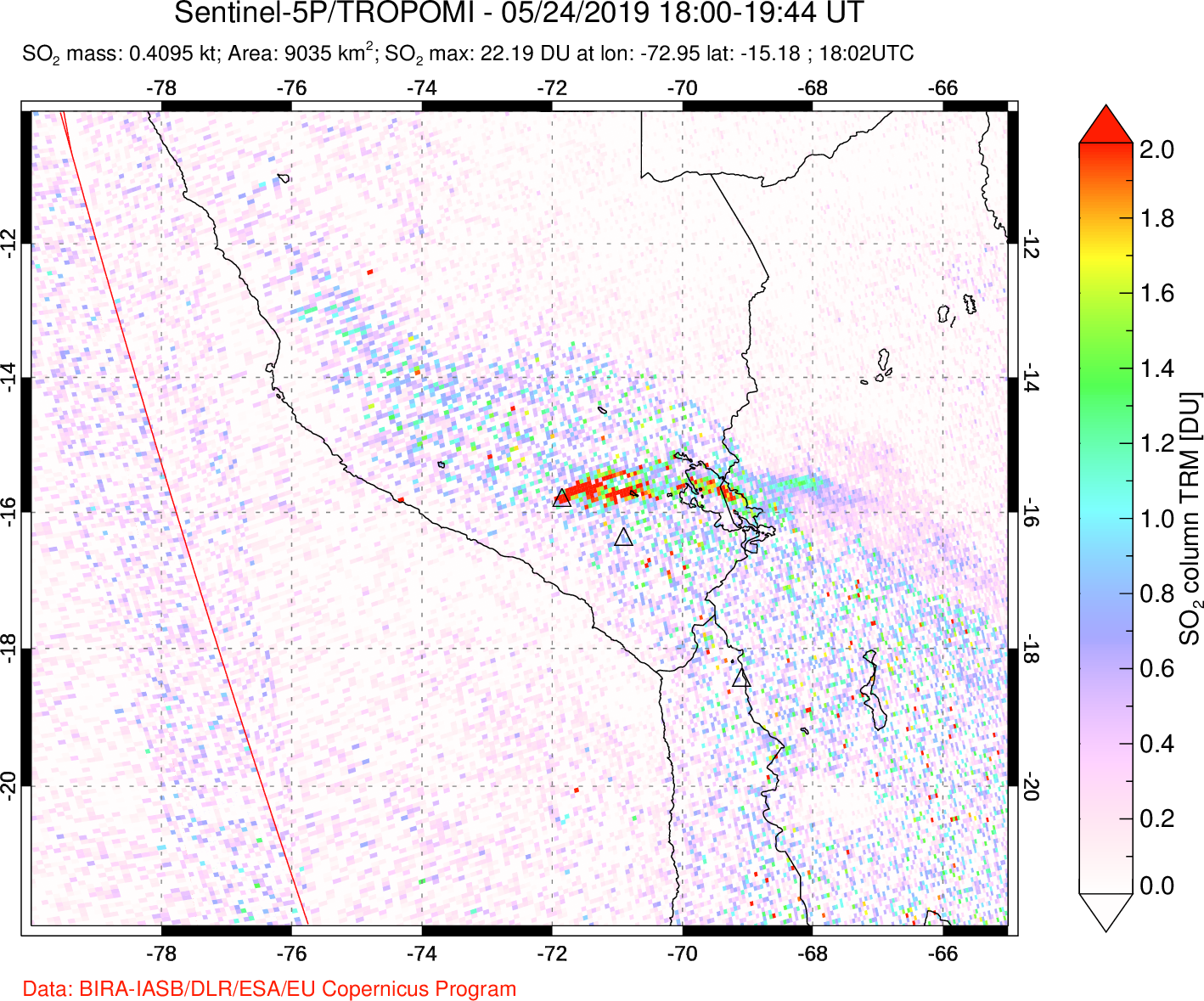 A sulfur dioxide image over Peru on May 24, 2019.
