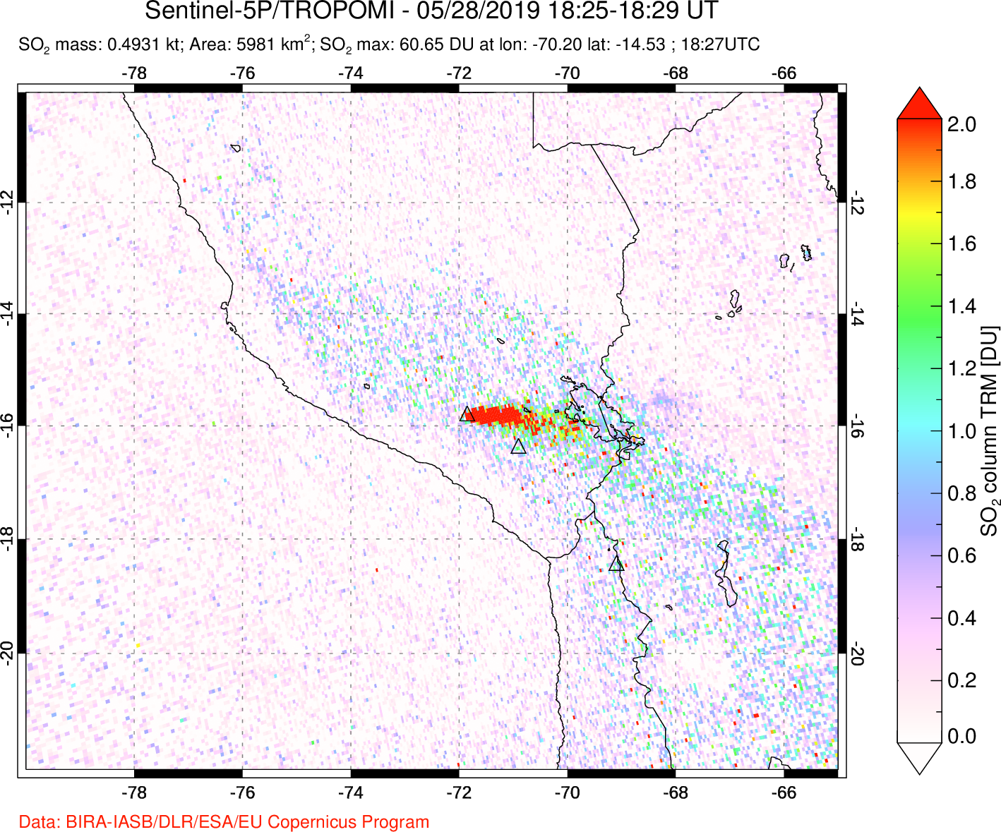 A sulfur dioxide image over Peru on May 28, 2019.