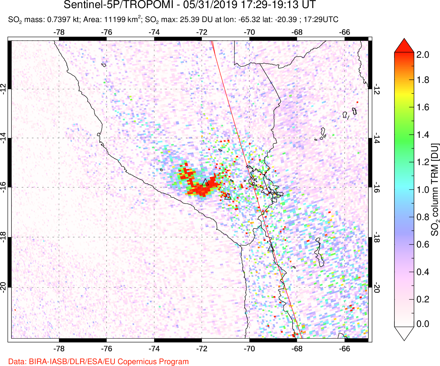 A sulfur dioxide image over Peru on May 31, 2019.