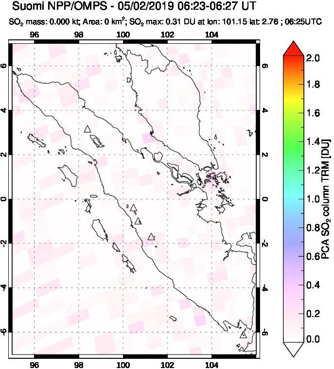 A sulfur dioxide image over Sumatra, Indonesia on May 02, 2019.