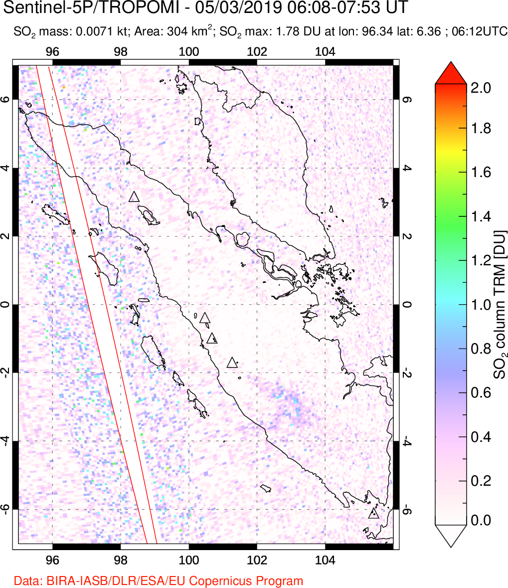 A sulfur dioxide image over Sumatra, Indonesia on May 03, 2019.
