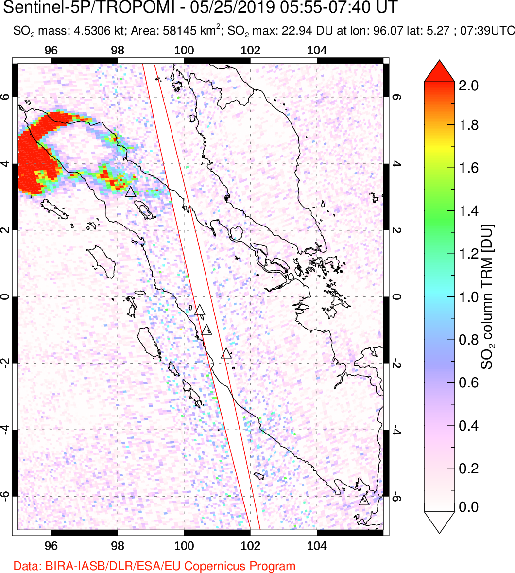 A sulfur dioxide image over Sumatra, Indonesia on May 25, 2019.