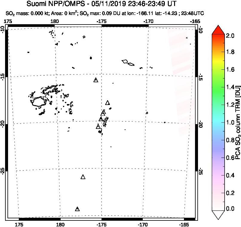 A sulfur dioxide image over Tonga, South Pacific on May 11, 2019.