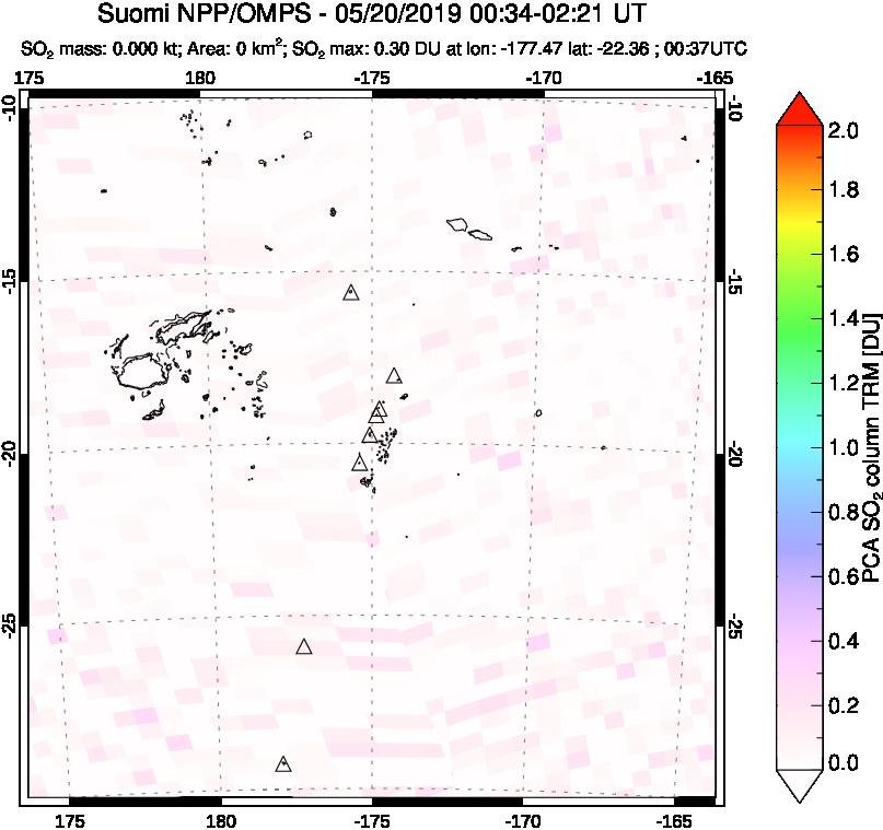 A sulfur dioxide image over Tonga, South Pacific on May 20, 2019.