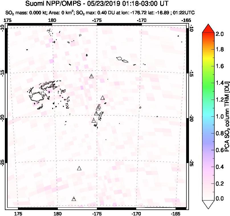 A sulfur dioxide image over Tonga, South Pacific on May 23, 2019.