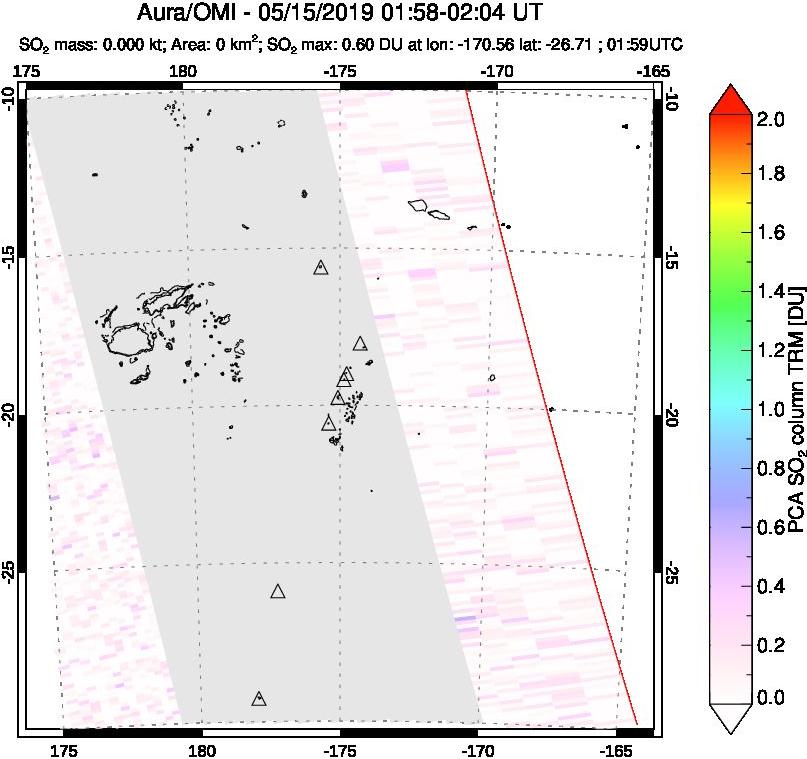 A sulfur dioxide image over Tonga, South Pacific on May 15, 2019.