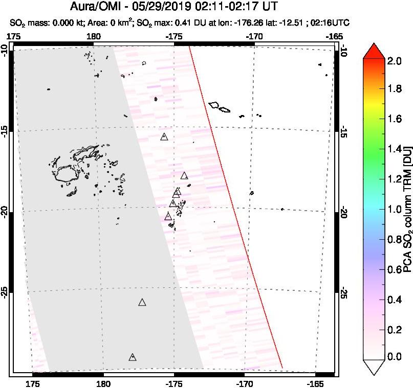A sulfur dioxide image over Tonga, South Pacific on May 29, 2019.
