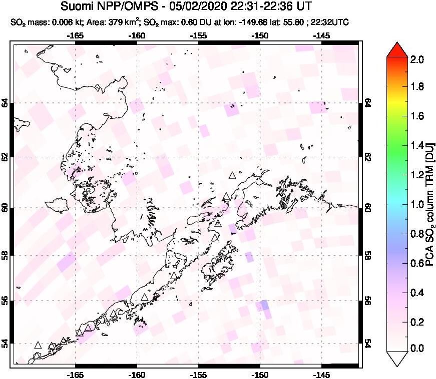 A sulfur dioxide image over Alaska, USA on May 02, 2020.