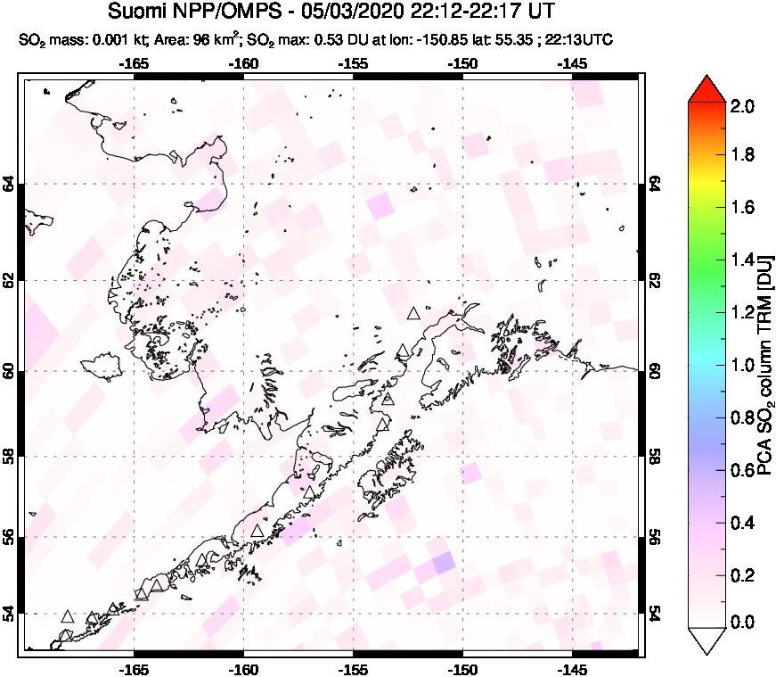 A sulfur dioxide image over Alaska, USA on May 03, 2020.