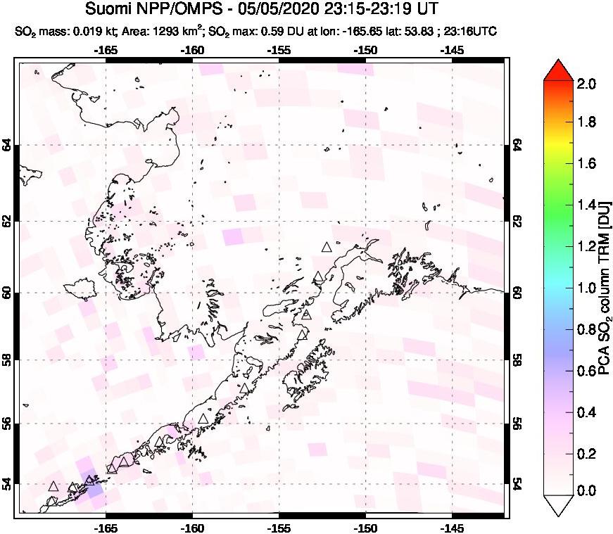 A sulfur dioxide image over Alaska, USA on May 05, 2020.