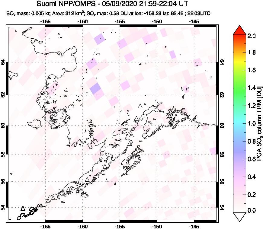 A sulfur dioxide image over Alaska, USA on May 09, 2020.