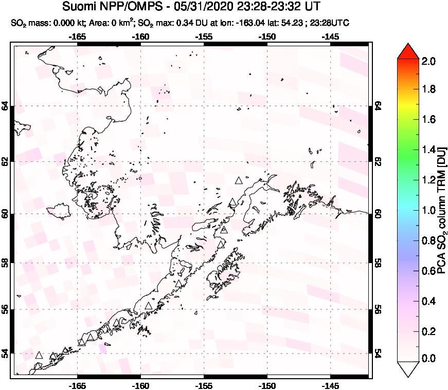 A sulfur dioxide image over Alaska, USA on May 31, 2020.