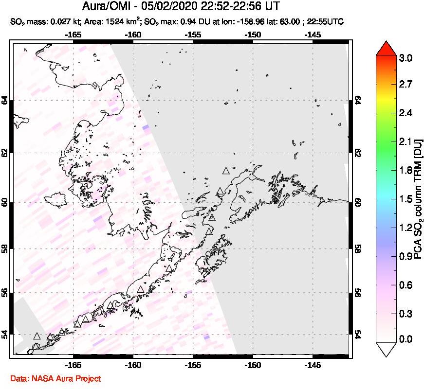 A sulfur dioxide image over Alaska, USA on May 02, 2020.