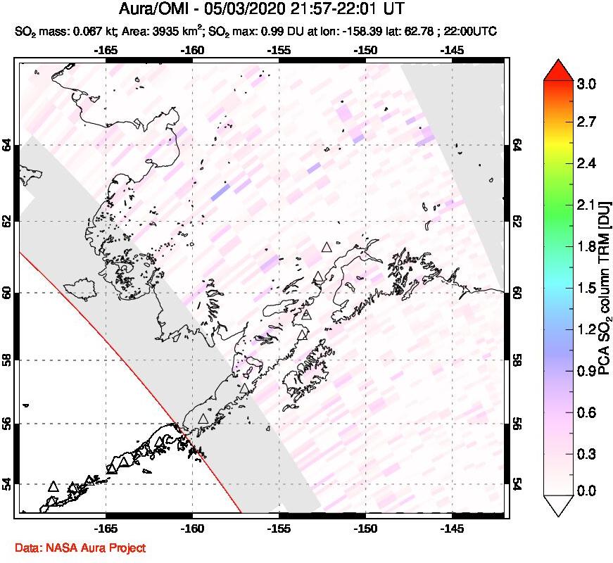 A sulfur dioxide image over Alaska, USA on May 03, 2020.