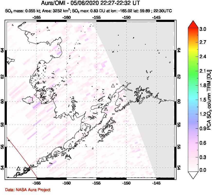 A sulfur dioxide image over Alaska, USA on May 06, 2020.