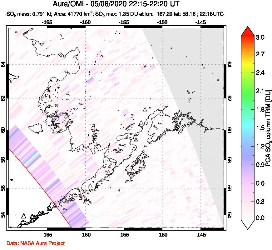 A sulfur dioxide image over Alaska, USA on May 08, 2020.