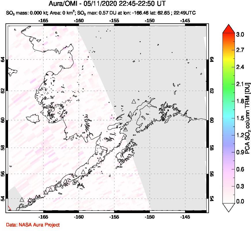 A sulfur dioxide image over Alaska, USA on May 11, 2020.