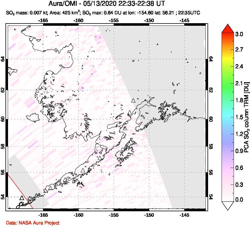 A sulfur dioxide image over Alaska, USA on May 13, 2020.