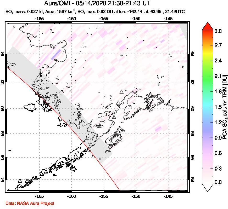 A sulfur dioxide image over Alaska, USA on May 14, 2020.