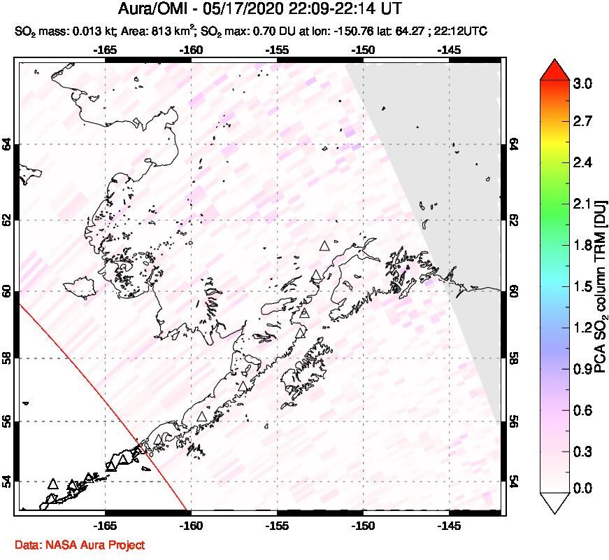 A sulfur dioxide image over Alaska, USA on May 17, 2020.