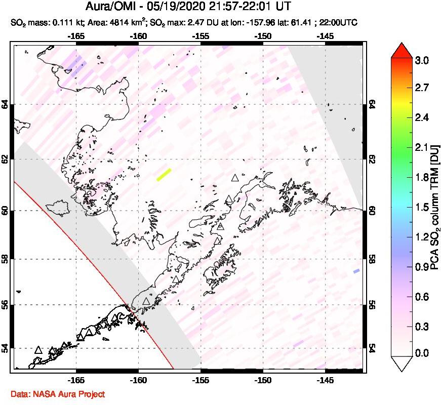 A sulfur dioxide image over Alaska, USA on May 19, 2020.