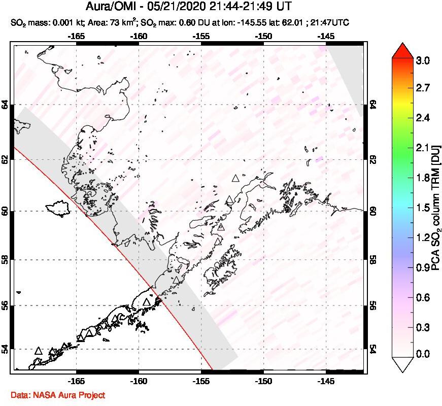 A sulfur dioxide image over Alaska, USA on May 21, 2020.