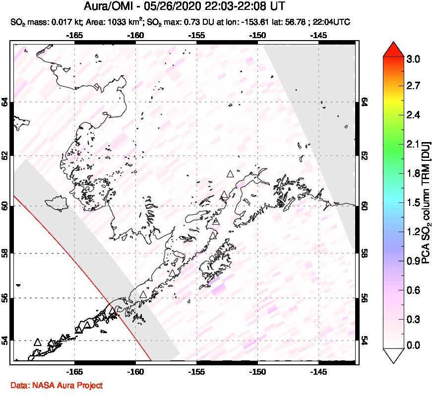 A sulfur dioxide image over Alaska, USA on May 26, 2020.