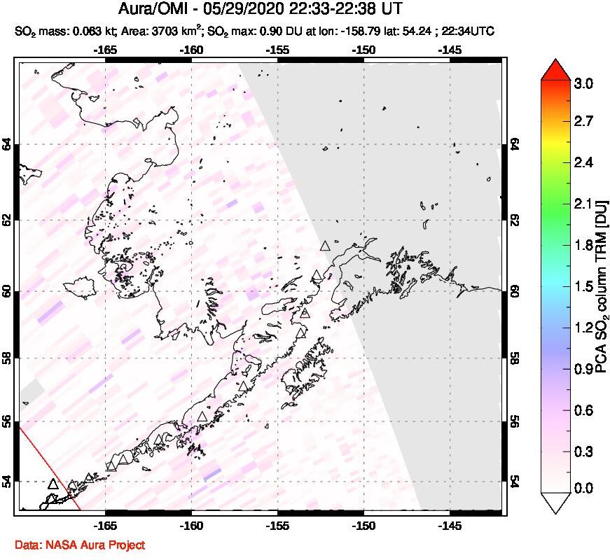 A sulfur dioxide image over Alaska, USA on May 29, 2020.