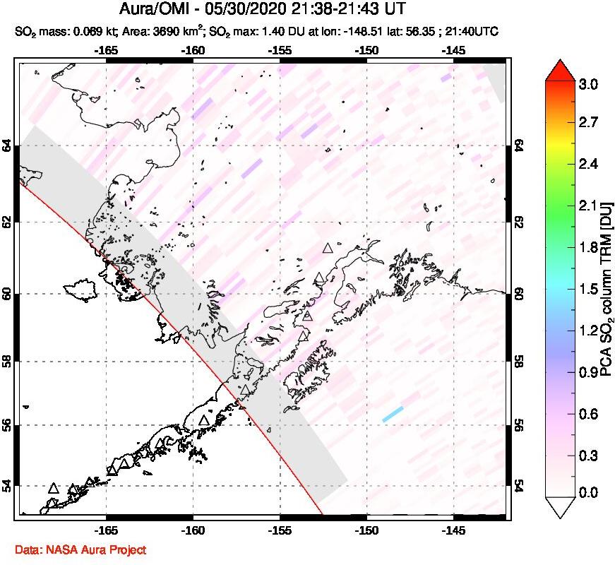 A sulfur dioxide image over Alaska, USA on May 30, 2020.