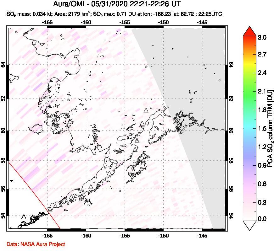 A sulfur dioxide image over Alaska, USA on May 31, 2020.
