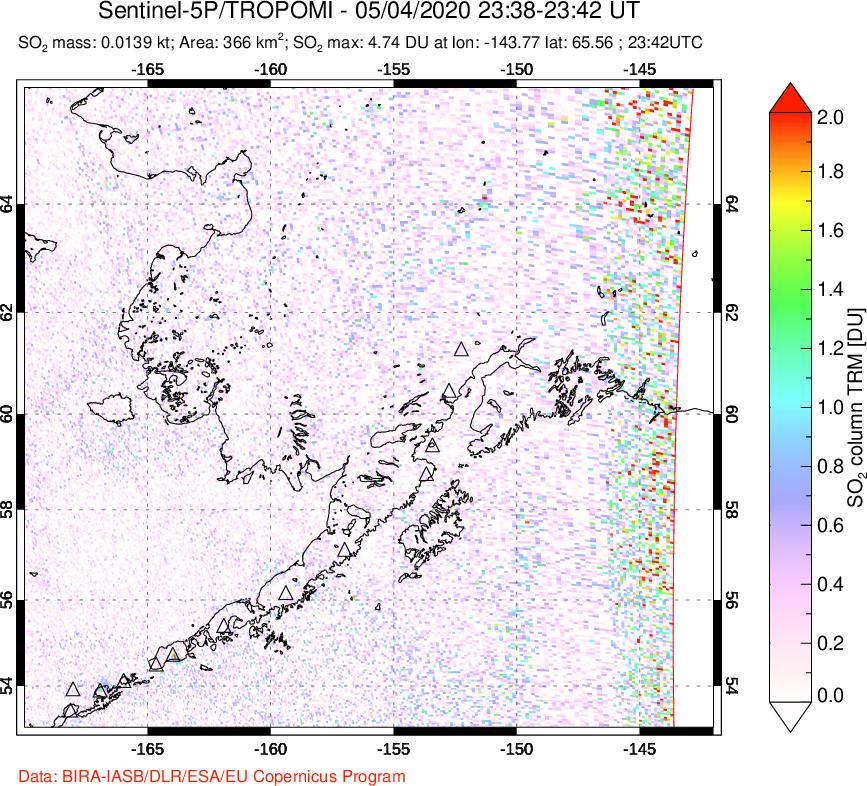 A sulfur dioxide image over Alaska, USA on May 04, 2020.
