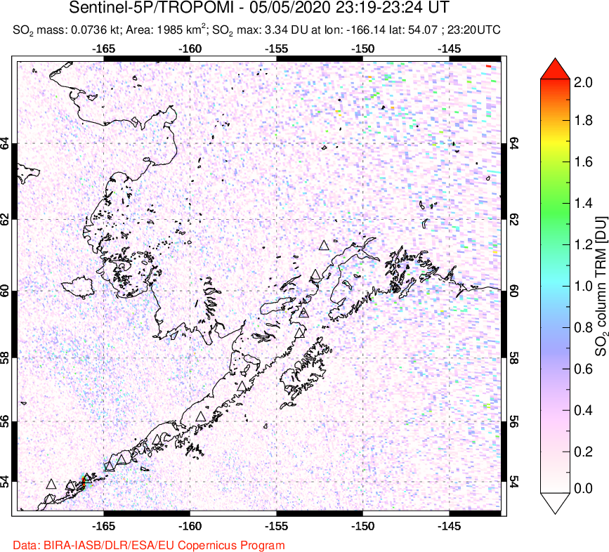 A sulfur dioxide image over Alaska, USA on May 05, 2020.