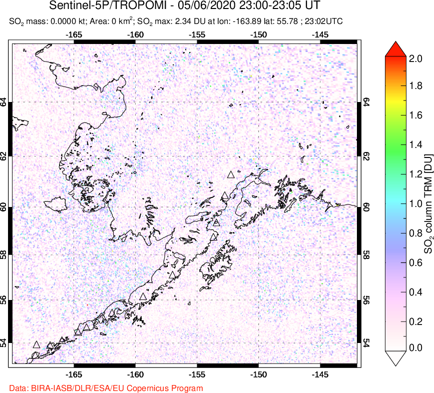 A sulfur dioxide image over Alaska, USA on May 06, 2020.