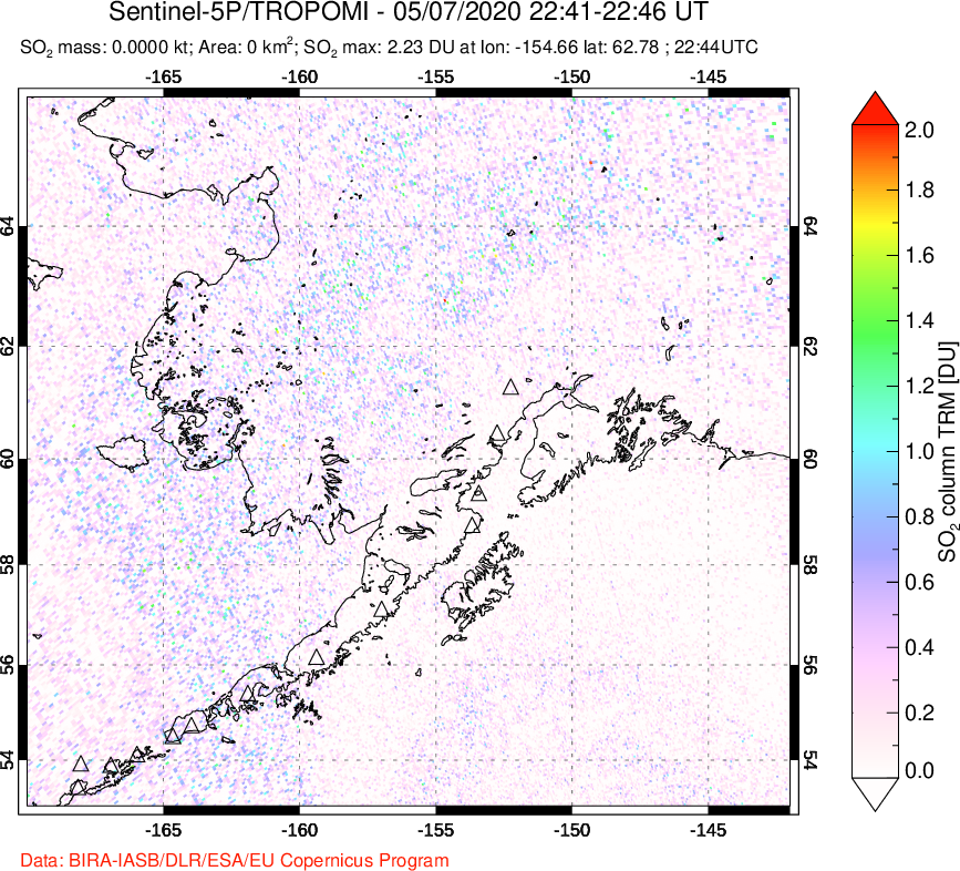 A sulfur dioxide image over Alaska, USA on May 07, 2020.