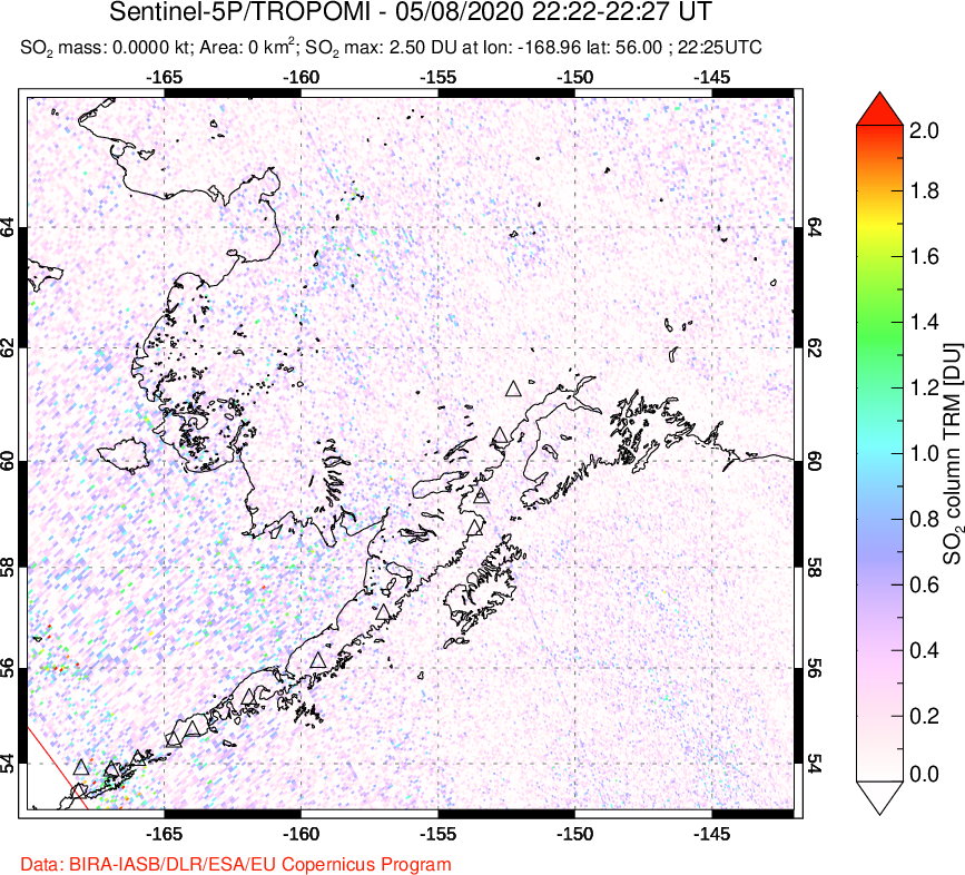 A sulfur dioxide image over Alaska, USA on May 08, 2020.