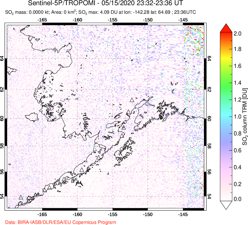 A sulfur dioxide image over Alaska, USA on May 15, 2020.