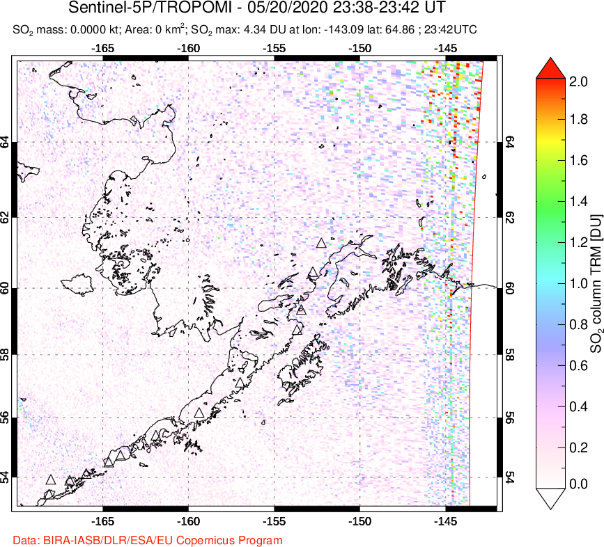 A sulfur dioxide image over Alaska, USA on May 20, 2020.