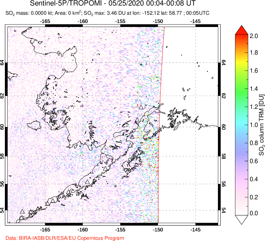 A sulfur dioxide image over Alaska, USA on May 25, 2020.