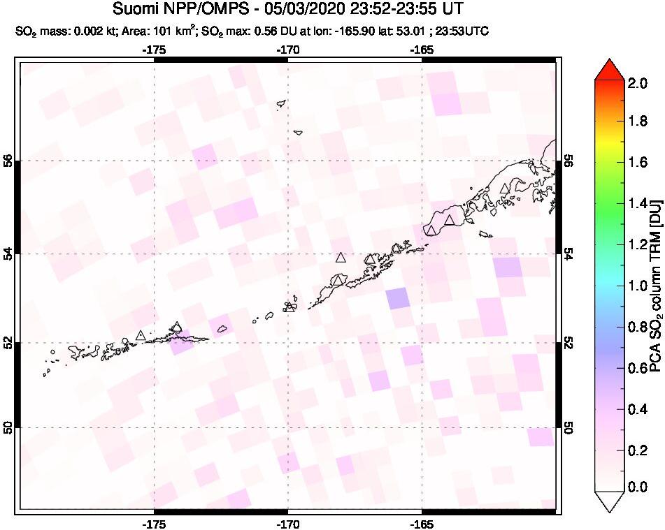 A sulfur dioxide image over Aleutian Islands, Alaska, USA on May 03, 2020.