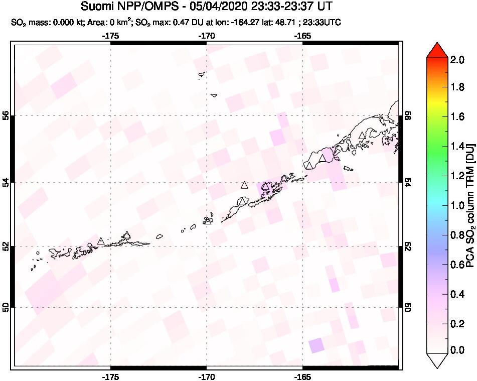 A sulfur dioxide image over Aleutian Islands, Alaska, USA on May 04, 2020.